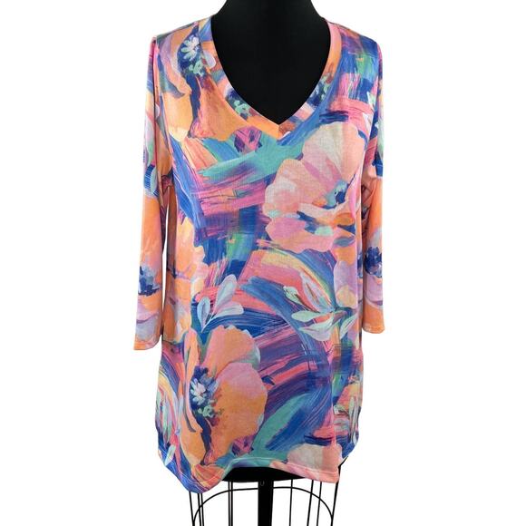 Soft Surroundings Felisa Tunic Top Pink Blue Watercolor Abstract Floral 2FD74 L - Picture 1 of 6